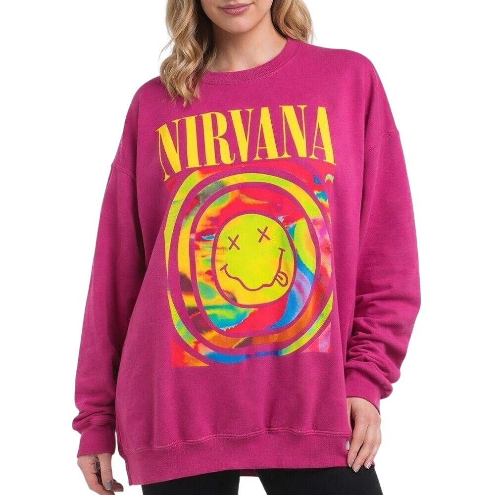 Nirvana Graphic Sweatshirt Women S/M Pink Smiley Face Tie Dye Crewneck